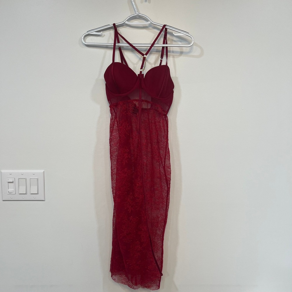 Victorias Secret Sheer Red Lace Slip Size 34C Lingerie Sexy Caged Bustier